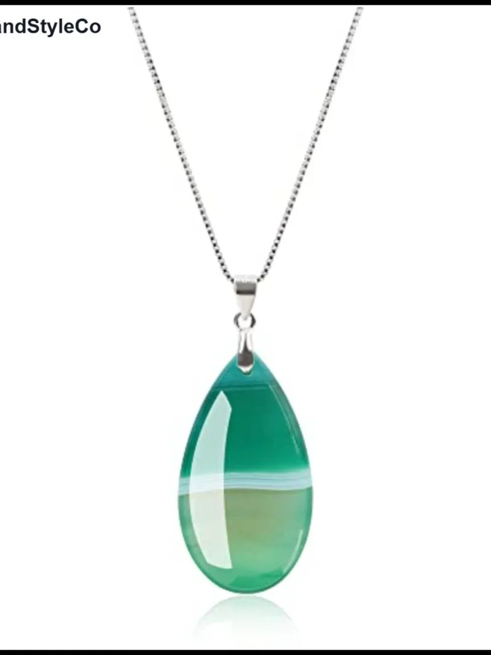 925 Sterling Silver Green Agate Teardrop Pendant Necklace